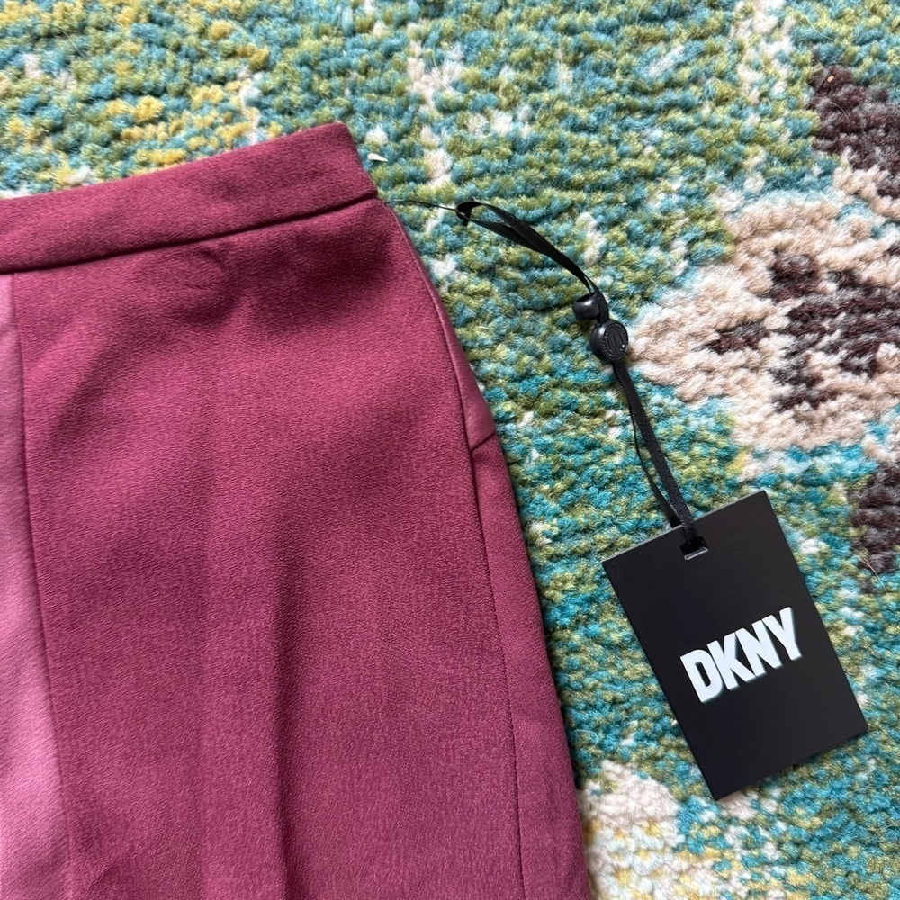 DKNY Cabernet Satin Midi Skirt NWT | Size 10 | Burgundy Asymmetrical Flowy Skirt - Picture 6 of 11